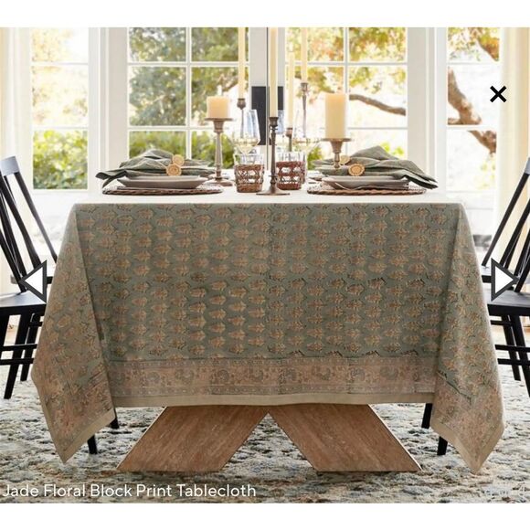 Pottery Barn Jade Floral Block Print Tablecloth - Picture 2 of 6